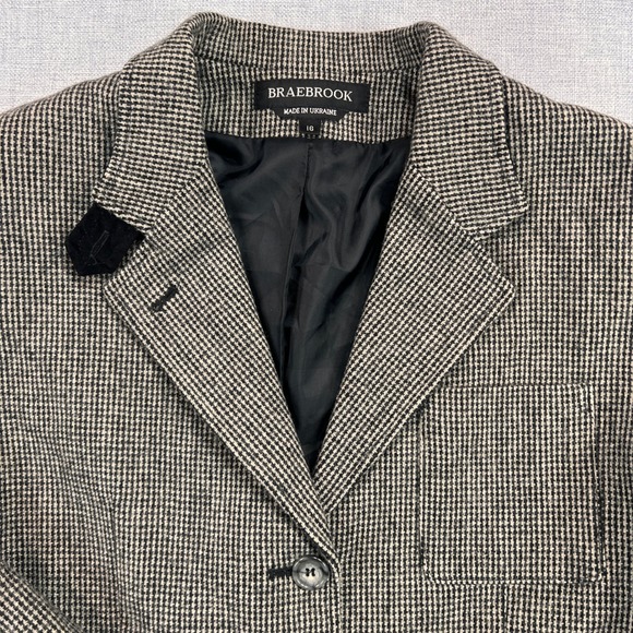 VTG Braebrook Wool Houndstooth Sport Coat Blazer Women 16 Gray Elbow Patch Prep - Picture 3 of 14